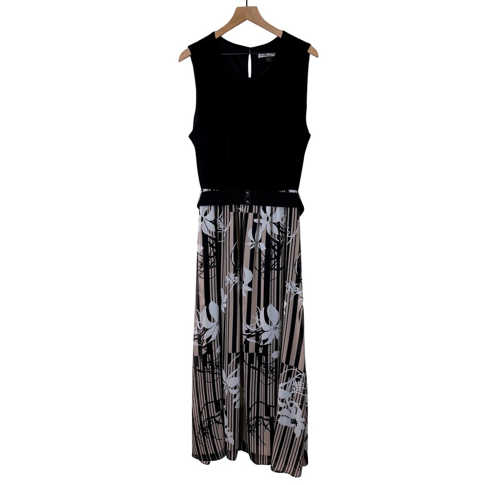 Danny and Nicole Womens Floral Striped Belted Maxi Dress Plus Size 20W Black Tan